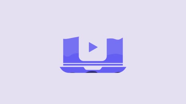 Blu Online Giocare Video Icona Isolata Sfondo Viola Laptop Pellicola — Video Stock