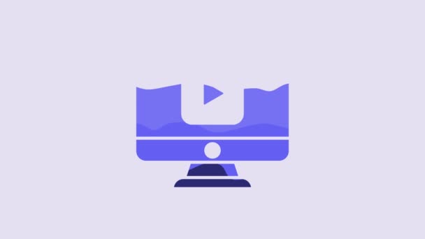 Blu Online Giocare Video Icona Isolata Sfondo Viola Computer Monitor — Video Stock