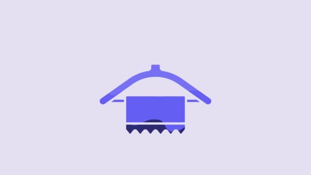 紫色の背景に隔離されたブルーハンガーのワードローブアイコン きれいなタオルサイン クロークルームのアイコン 衣類サービスのシンボル 洗濯ハンガー 4Kビデオモーショングラフィックアニメーション — ストック動画