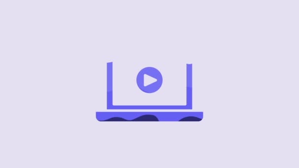 Blue Online Воспроизводить Видео Значок Изолирован Фиолетовом Фоне Ноутбук Пленка — стоковое видео