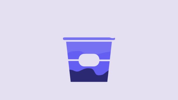 紫色の背景に隔離された段ボール箱のアイコンの青ポップコーン ポップコーンバケツボックス 4Kビデオモーショングラフィックアニメーション — ストック動画