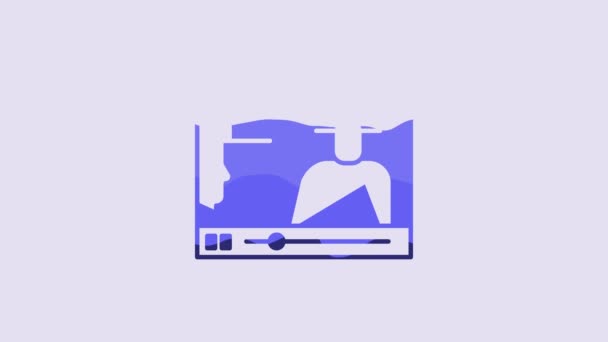 青オンラインは紫の背景に隔離されたビデオアイコンを再生します プレイサイン付きのフィルムストリップ 4Kビデオモーショングラフィックアニメーション — ストック動画