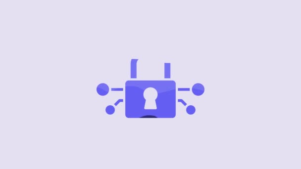 Blue Cyber Security Icon Isolated Purple Background Closed Padlock Digital — Vídeo de Stock