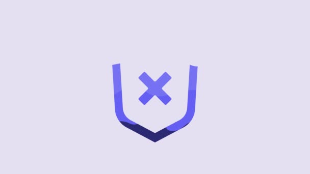 蓝色盾牌与交叉标记图标隔离在紫色背景 护盾和拒绝 拒绝通知 4K视频运动图形动画 — 图库视频影像