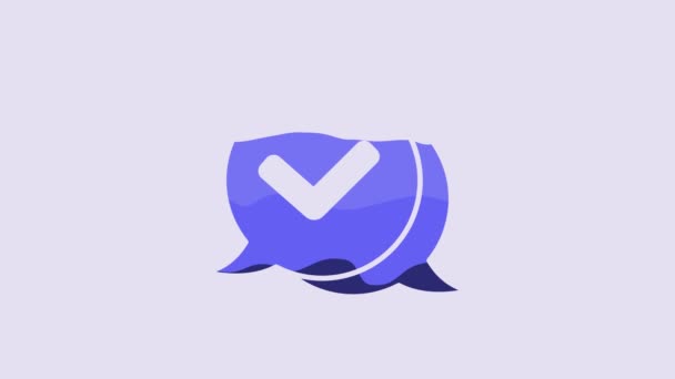 Blue Check Mark Speech Bubble Icon Isolated Purple Background Security — Stockvideo