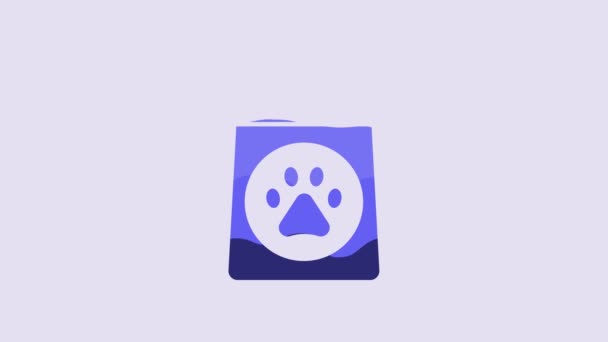Blaue Futtertüte Für Das Hundesymbol Isoliert Auf Violettem Hintergrund Pfotenabdruck — Stockvideo