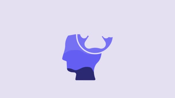 動物の足跡のアイコンが紫色の背景に隔離された青い人間の頭 ペットの足を中心に 動物への愛 4Kビデオモーショングラフィックアニメーション — ストック動画
