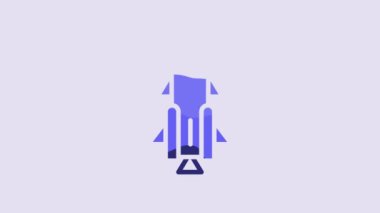 Blue Rocket ship with fire icon isolated on purple background. Space travel. 4K Video motion graphic animation.