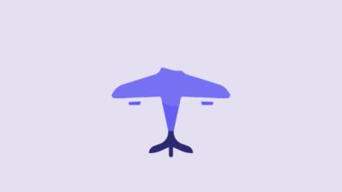 Blue Plane icon isolated on purple background. Flying airplane icon. Airliner sign. 4K Video motion graphic animation.