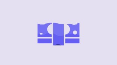 Blue Stacks paper money cash icon isolated on purple background. Money banknotes stacks. Bill currency. 4K Video motion graphic animation.