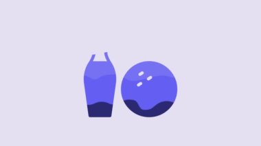 Blue Bowling pin and ball icon isolated on purple background. Sport equipment. 4K Video motion graphic animation.