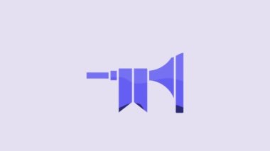 Blue Musical instrument trumpet icon isolated on purple background. 4K Video motion graphic animation.