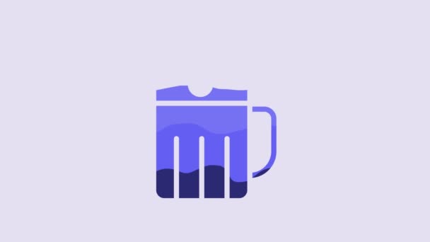 紫色の背景に青い木製のビールマグカップのアイコン 4Kビデオモーショングラフィックアニメーション — ストック動画