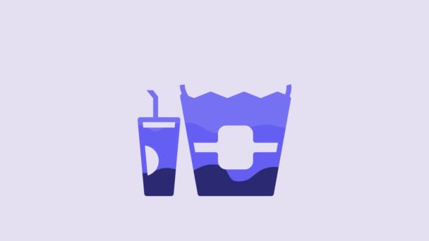 段ボール箱にブルーポップコーンと紫色の背景に単離された飲料わらと水のアイコンと紙ガラス ソーダドリンクグラス 4Kビデオモーショングラフィックアニメーション — ストック動画
