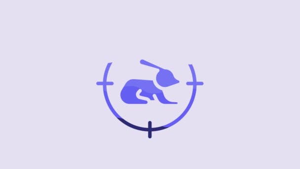 クロスヘアのアイコンが紫色の背景に隔離されたウサギのブルーハント ウサギとターゲットと狩猟クラブのロゴ ウサギを狙うライフルレンズ 4Kビデオモーショングラフィックアニメーション — ストック動画