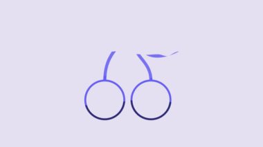 Blue Cherry icon isolated on purple background. Fruit with leaf symbol. 4K Video motion graphic animation.