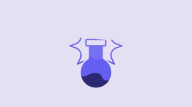 Blue Chemical experiment, explosion in the flask icon isolated on purple background. Chemical explosion in a test tube. 4K Video motion graphic animation.