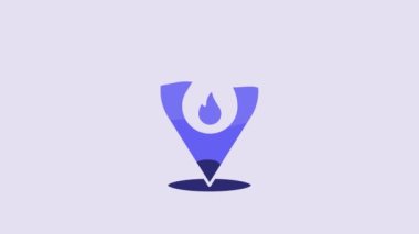 Blue Map pointer with fire flame icon isolated on purple background. Fire nearby. 4K Video motion graphic animation.