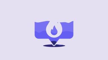 Blue Map pointer with fire flame icon isolated on purple background. Fire nearby. 4K Video motion graphic animation.