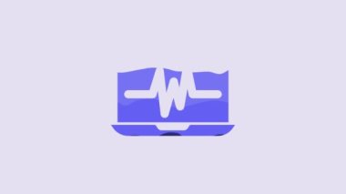 Mor arkaplanda kardiyogram simgesi olan mavi dizüstü bilgisayar. Simge denetleniyor. Kalp atışı elle çizilmiş EKG monitörü. 4K Video hareketli grafik canlandırması.