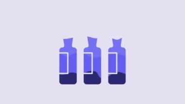 Blue Medical vial, ampoule, bottle icon isolated on purple background. Vaccination, injection, vaccine healthcare concept. 4K Video motion graphic animation.