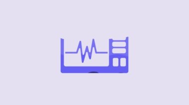 Mor arkaplanda kardiyogram simgesi olan mavi bilgisayar monitörü. Simge denetleniyor. Kalp atışı elle çizilmiş EKG monitörü. 4K Video hareketli grafik canlandırması.