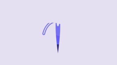 Blue Needle for sewing with thread icon isolated on purple background. Tailor symbol. Textile sew up craft sign. Embroidery tool. 4K Video motion graphic animation.