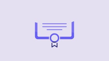 Blue Certificate template icon isolated on purple background. Achievement, award, degree, grant, diploma. Business success certificate. 4K Video motion graphic animation.