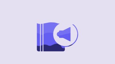 Blue Audio book icon isolated on purple background. Book with headphones. Audio guide sign. Online learning concept. 4K Video motion graphic animation.