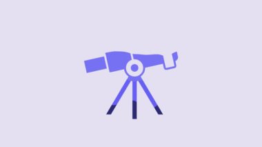 Blue Telescope icon isolated on purple background. Scientific tool. Education and astronomy element, spyglass and study stars. 4K Video motion graphic animation.