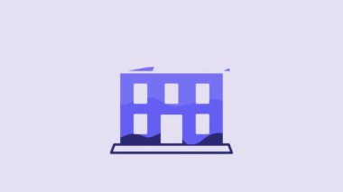 Blue School building icon isolated on purple background. 4K Video motion graphic animation.