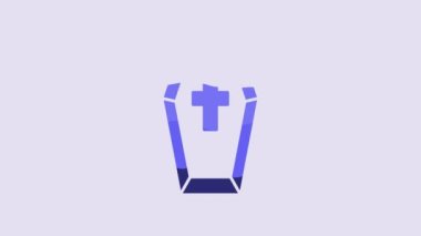 Blue Coffin with christian cross icon isolated on purple background. Happy Halloween party. 4K Video motion graphic animation.