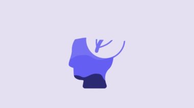 Blue Human head with leaf inside icon isolated on purple background. 4K Video motion graphic animation.