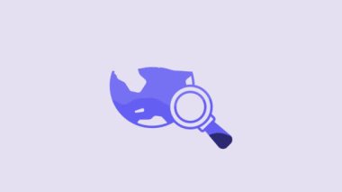 Blue Magnifying glass with globe icon isolated on purple background. Analyzing the world. Global search sign. 4K Video motion graphic animation.