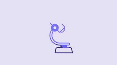 Blue Microscope icon isolated on purple background. Chemistry, pharmaceutical instrument, microbiology magnifying tool. 4K Video motion graphic animation.