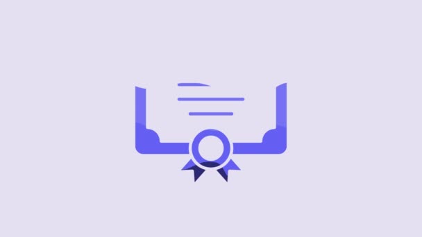 Синий Сертификат Искушает Значок Выделенный Фиолетовом Фоне Достижение Награда Степень — стоковое видео