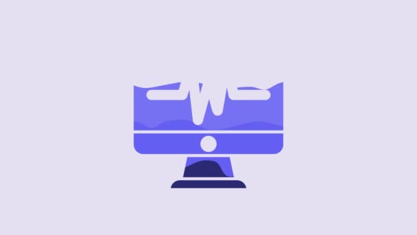 Синій Комп Ютерний Монітор Піктограмою Кардіограми Ізольовано Фіолетовому Фоні Піктограма — стокове відео