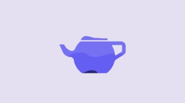 Blue Traditional Chinese tea ceremony icon isolated on purple background. Teapot with cup. 4K Video motion graphic animation.