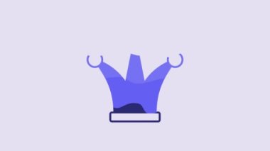 Blue Joker playing card icon isolated on purple background. Jester hat with bells. Casino gambling. 4K Video motion graphic animation.