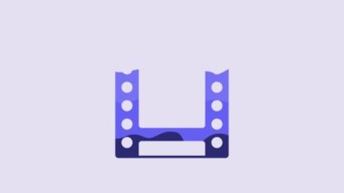 Blue Camera vintage film roll cartridge icon isolated on purple background. 35mm film canister. Filmstrip photographer equipment. 4K Video motion graphic animation.