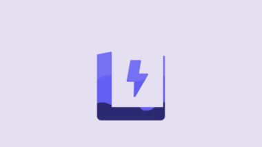 Blue Battery for camera icon isolated on purple background. Lightning bolt symbol. 4K Video motion graphic animation.