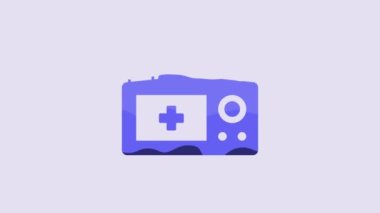 Blue Photo camera icon isolated on purple background. Foto camera. Digital photography. 4K Video motion graphic animation.