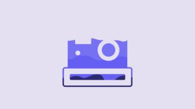 Mor arkaplanda mavi fotoğraf makinesi simgesi izole edildi. Foto kamera. Dijital fotoğrafçılık. 4K Video hareketli grafik canlandırması.