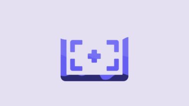 Blue Photo camera icon isolated on purple background. Foto camera. Digital photography. 4K Video motion graphic animation.