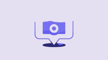 Blue Photo camera icon isolated on purple background. Foto camera. Digital photography. 4K Video motion graphic animation.