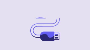 Blue USB cable cord icon isolated on purple background. Connectors and sockets for PC and mobile devices. 4K Video motion graphic animation.