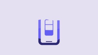 Blue Smartphone battery charge icon isolated on purple background. Phone with a low battery charge. 4K Video motion graphic animation.