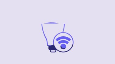 Blue Smart light bulb system icon isolated on purple background. Energy and idea symbol. Internet of things concept with wireless connection. 4K Video motion graphic animation.