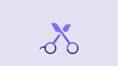 Blue Scissors hairdresser icon isolated on purple background. Hairdresser, fashion salon and barber sign. Barbershop symbol. 4K Video motion graphic animation.