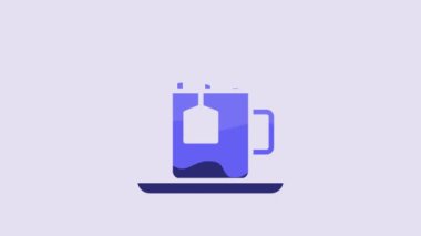 Blue Cup of tea with tea bag icon isolated on purple background. 4K Video motion graphic animation.